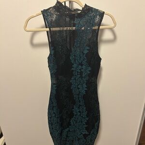 privy Black Dress with Teal Floral Lace Overlay